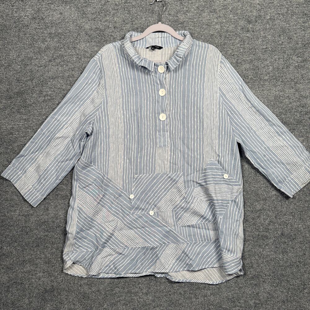 John Mark Size Large Striped Tunic Top Gray White Nylon Blend Pocket 3/4 Sleeve